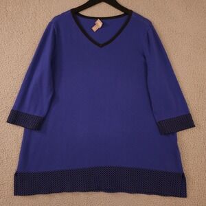 Chicos Sweater Womens 3 US XL Blue Black V Neck Geo Trim 3/4 Sleeve Knit FLAW
